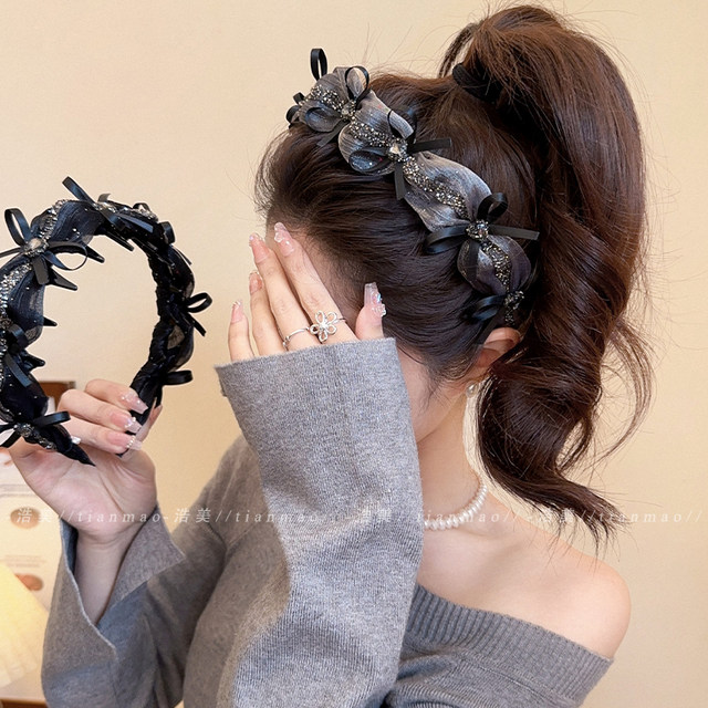 Retro high-end bow hairband for women wearing 2025 new exquisite high cranial headband headband for women