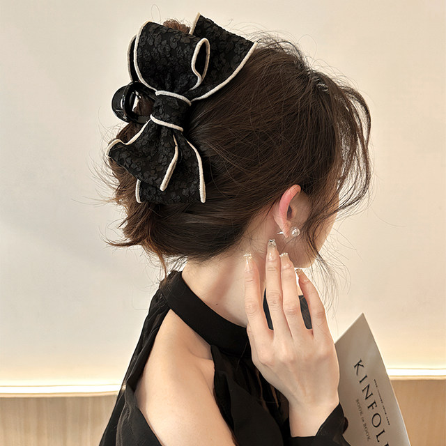 Black bow grabbing a large high -level high -level high -level hair clip female back head hair card elegant temperament shark clip headdress
