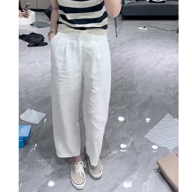 2025 summer thin large-size women's white nine-point casual harem pants pear-shaped body slim cotton linen wide-leg pants