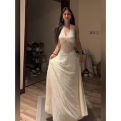 French Mesh Jacquard V-Neck Halter Dress Women's Summer Seaside Vacation Elegant Waist-Cinching Long Dress