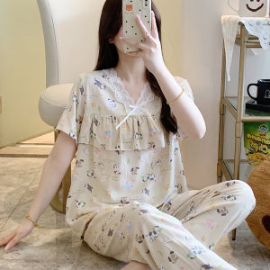 棉绸睡衣女夏薄款甜美清新人造棉短袖长裤简约舒适家居服绵绸套装