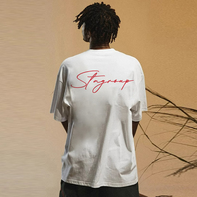 STA official store trendy brand new American cursive font short-sleeved t-shirts for men and women summer high street pure cotton couple half-sleeved