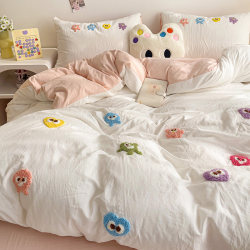 Super Soft Washed Cotton Bed Four-Piece Set, Non-Cotton Pure Cotton Duvet Cover, Student Dormitory Bed Sheet Three-Piece Set, Bedding for Summer