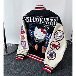 American Retro Kt Cat Patchwork Leather Sleeve Baseball Jacket for Spring and Autumn, Unisex, Trendy Vintage Loose-Fitting Outerwear