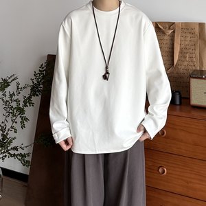 B East Japanese men's clothing autumn and winter 320g heavy solid color long-sleeved T-shirt drop-roller sleeve round neck base shirt loose inner wear
