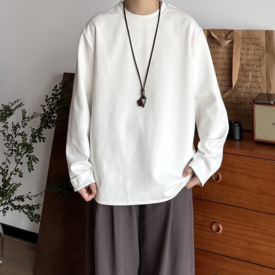 B East Japanese men's clothing autumn and winter 320g heavy solid color long-sleeved T-shirt drop-roller sleeve round neck base shirt loose inner wear
