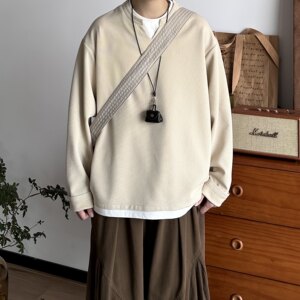 
BUTQIU Japanese retro autumn and winter waffle fake two-piece thin sweatshirt for men and women commuting versatile long-sleeved T-shirt top