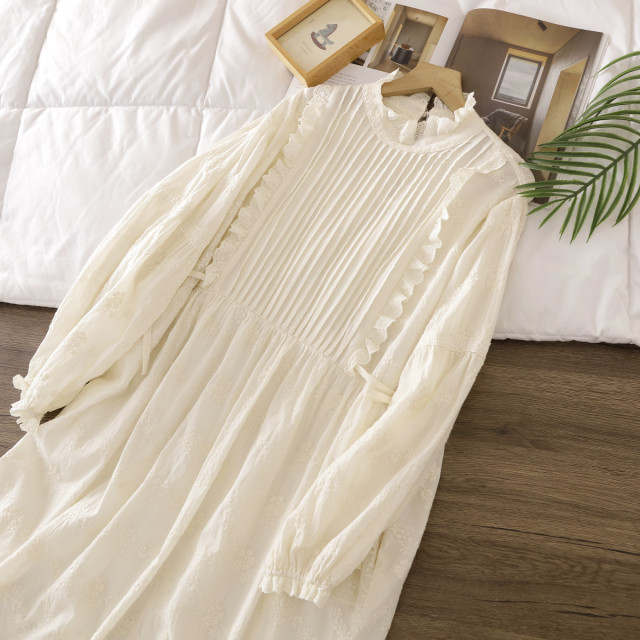 Spring women's clothing fresh hook lace stand collar embroidered solid color dress with long sleeves loose pleated cotton linen long skirt new