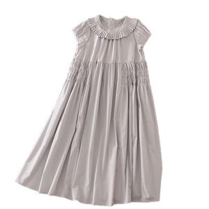 
French princess style lotus leaf collar, pleated waist design, slimming cotton short-sleeved elegant dress, A-line long skirt for women