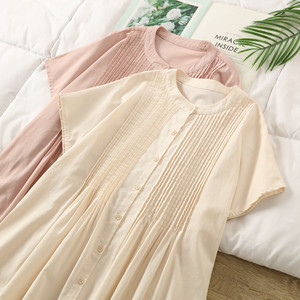 Cotton and leprosy temperament, literary stand collar short-sleeved dress for women in summer lace-up waist-retracting accordion pleated slim mid-length skirt