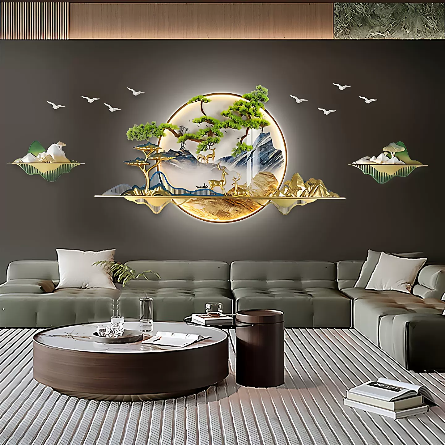 新中式沙发背景墙装饰画立体迎客松灯光茶室壁饰入