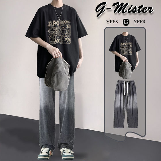
Short-sleeved suit for men, summer trendy retro t-shirt for men, a complete set with handsome two-piece gradient jeans