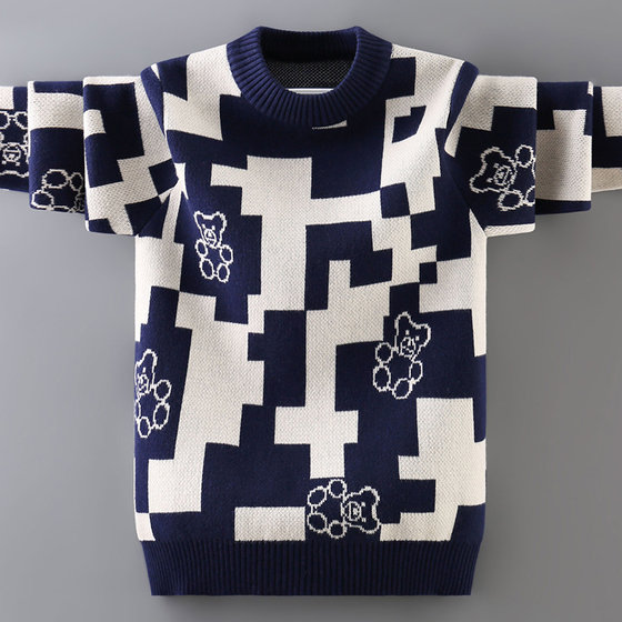 
Boys' sweaters, color-blocked children's sweaters, medium and large children's winter velvet and thickened boy baby bear sweaters, spring and autumn