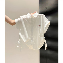 White Polo Collar Short-Sleeve Shirt for Women, Summer 2026 New Design with Drawstring Waist, Cropped Top, Trendy