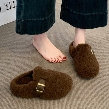 Thick-soled Birkenstock shoes, toe-toe furry slippers for women, 2025 new autumn and winter popular one-leg plus velvet cotton slippers