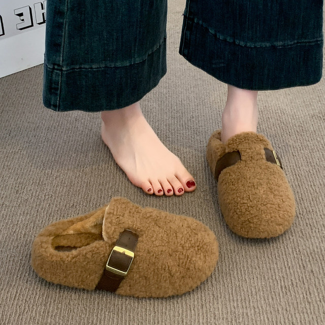 
Thick-soled Birkenstock shoes, toe-toe furry slippers for women, 2025 autumn and winter new style lazy one-leg plus velvet cotton slippers