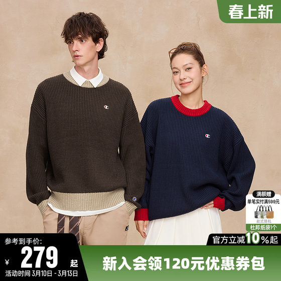 
Champion sweater women's spring couple retro color-blocking sweater casual round neck long-sleeved top men's trendy