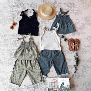 
25 summer new Japanese retro folk print series girls and girls baby suspenders + mosquito-repellent pants temperament