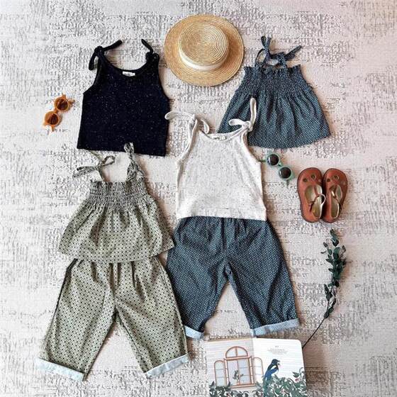 
25 summer new Japanese retro folk print series girls and girls baby suspenders + mosquito-repellent pants temperament
