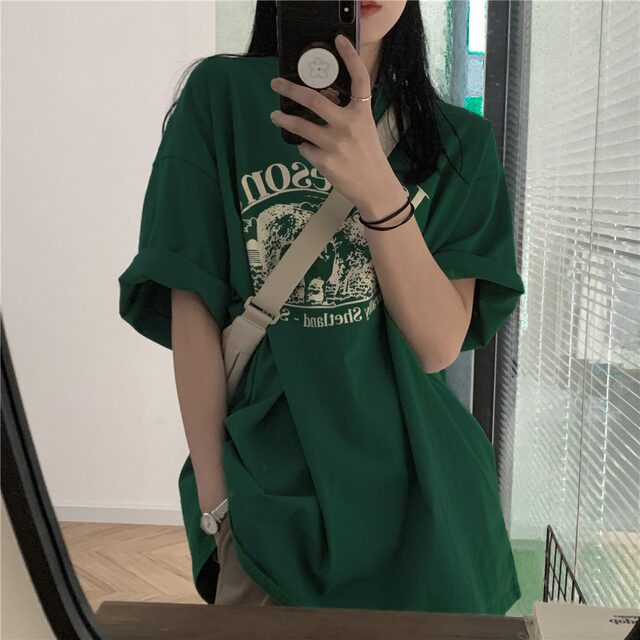Dark green short-sleeved T-shirt for women pure cotton loose lazy style ins trendy design niche student half-sleeved T-shirt top
