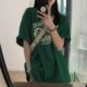 Dark green short-sleeved T-shirt for women pure cotton loose lazy style ins trendy design niche student half-sleeved T-shirt top
