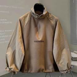 Spring and Autumn Patchwork Trendy Brand Design Pullover Trench Coat for Men, Casual Loose Fit, Couple Half-Zip Stand Collar Vintage Sweatshirt