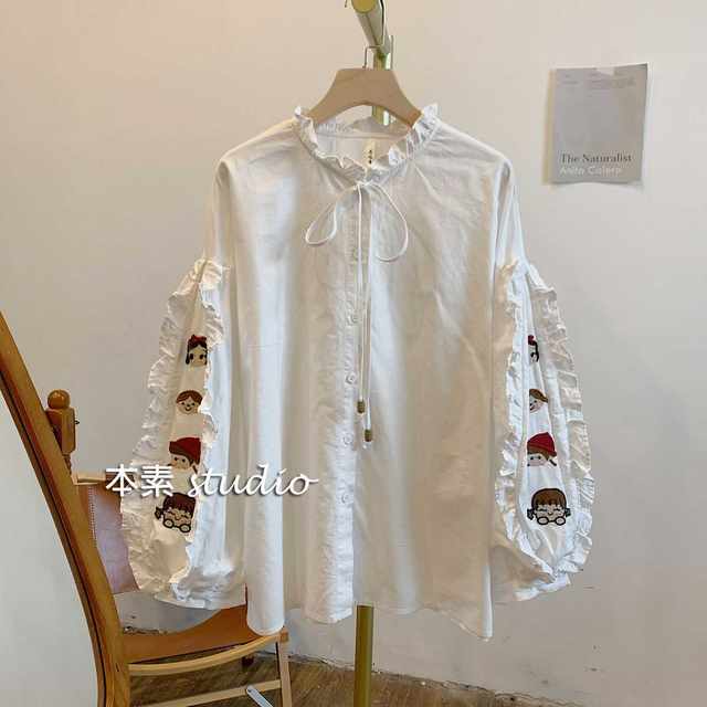 Little Doll-Standling C1150 Black Full Caps Cartoon Embroidered Long-sleeved Shirt