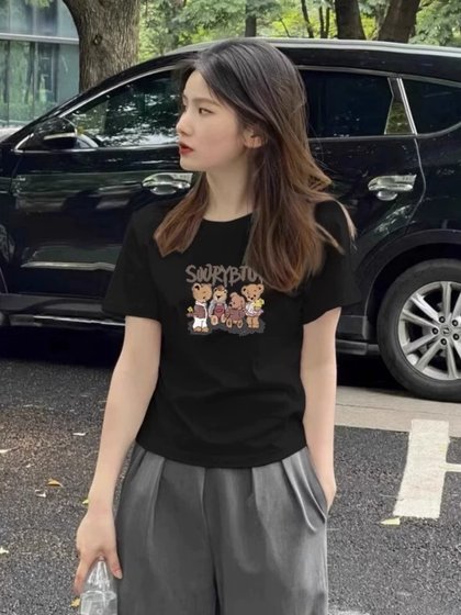 粉色正肩短袖t恤女夏季2026新款洋气高级小个子修身短款体恤上衣