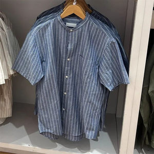 
Daily single men's and women's clothing couple's cotton linen striped stand collar shirt linen short-sleeved casual shirt jacket 467121