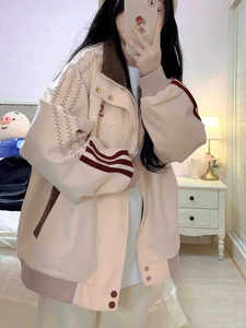 Super beautiful pink unique design sense baseball jacket female spring and autumn couple stitching cardigan niche Korean jacket
