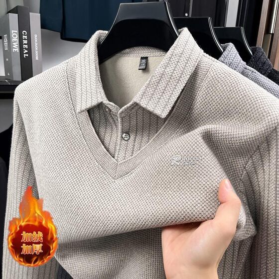
Winter men's chenille shirt collar fake two-piece sweater middle-aged velvet thickened casual warm knitted bottoming shirt