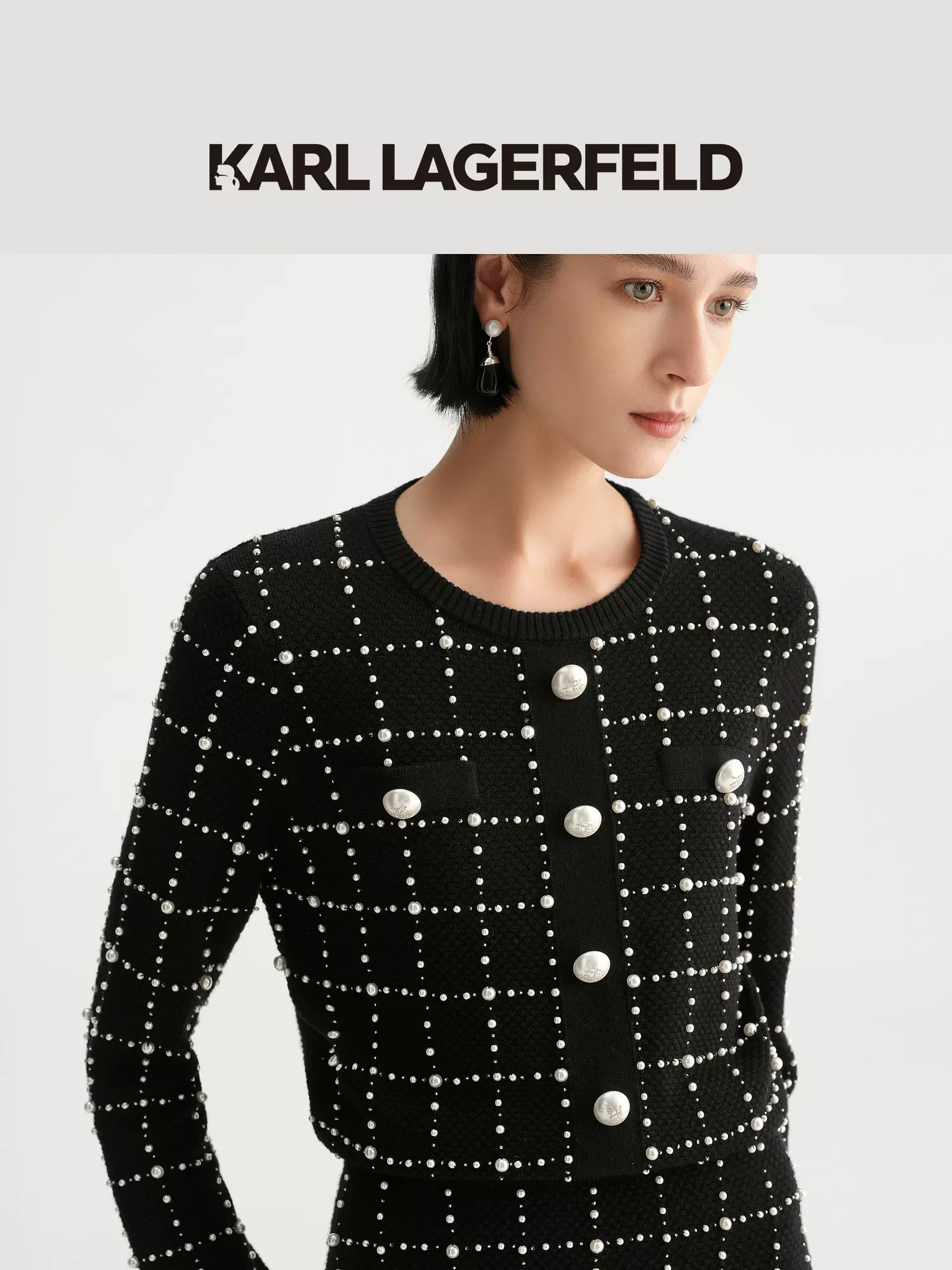 Karl Lagerfeld 卡尔拉格斐 23年秋季款 100%绵羊毛珍珠格纹 女式针织套头衫 双重优惠折后￥1399包邮