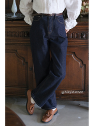 Maymaroon "american Retro" Versatile Slim High Waisted Straight Outer Seam Dark Blue Jeans For Women All Seasons