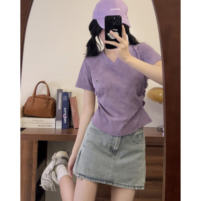 Star pin tie-dye v-neck purple short-sleeved T-shirt for women 2025 new sweet and cool style small slim short top