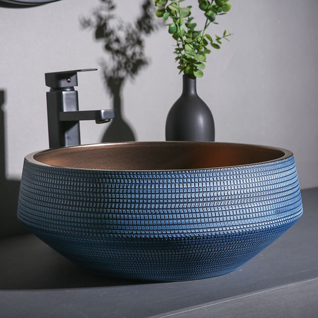 Light luxury wind table basin metal glazed ceramic wash basin blue home ...