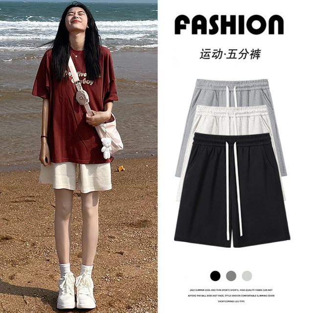 Gray sports shorts for women in summer 2025 new high-waisted slim loose straight bf style mid-scent pants five-point pants