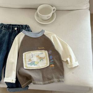 
Small and medium-sized children's fun cartoon patch long-sleeved T-shirt autumn clothes new style for boys and girls fashion color-blocking versatile top thin