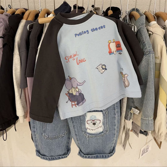
Small and medium-sized children's pure cotton round neck long sleeve T-shirt spring and autumn clothes for boys and girls fun cartoon printed inner bottoming shirt