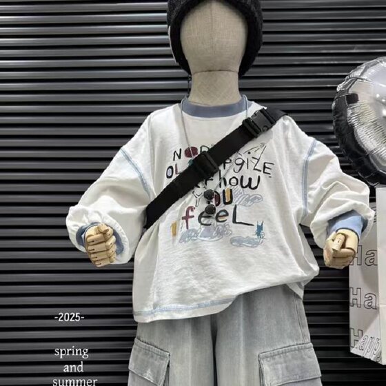 
Korean baby children's clothing 2026 spring and autumn new style boys' handsome and versatile long-sleeved T-shirt pure cotton color-blocking bottoming shirt