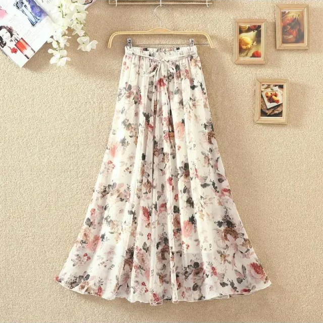 Chiffon floral skirt women's clothing 2024 summer new lace versatile printed large long model long skirt
