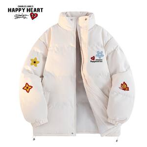 
Charles Peach Heart Cotton Coat New Winter Flower Butterfly Print Thickened Warm Stand Collar Couple Cotton Coat Jacket for Men