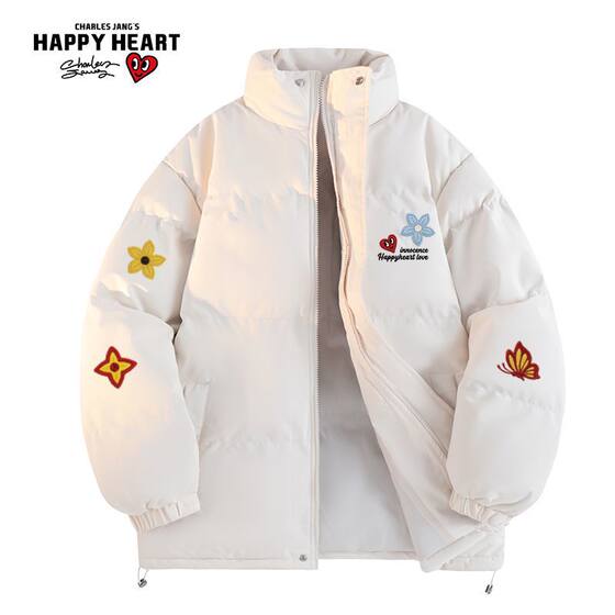 
Charles Peach Heart Cotton Coat New Winter Flower Butterfly Print Thickened Warm Stand Collar Couple Cotton Coat Jacket for Men