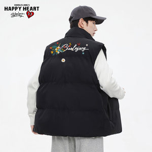 
Charles Peach Heart Flower Printed Lamb Veil Vest Men's Autumn and Winter Collar Warm Couple Stand Collar Vest Cotton Clothes