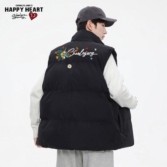 
Charles Peach Heart Flower Printed Lamb Veil Vest Men's Autumn and Winter Collar Warm Couple Stand Collar Vest Cotton Clothes