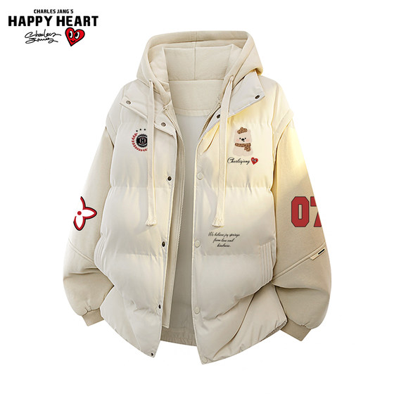 
Charles Heart American Printed Fake Two-Piece Hooded Cotton Jacket for Men and Women Winter Thickened College Style Couple Jacket