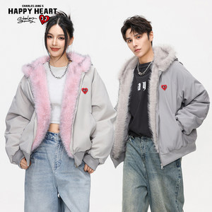 
Charles Tao Xin American style fur collar mountain carving cotton coat men's hooded winter cold protection brand couple cotton coat