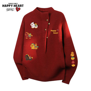 
Charles Love Heart Horse Year New Year Sweater Winter Half Turtle Collar Loose Casual Lazy Style Couple Sweater for Men and Women