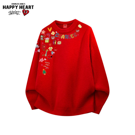 
Charles heart cartoon graffiti lazy style cashmere round neck sweater for men and women autumn and winter red couple knitted sweater