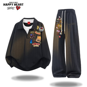 
Charles Peach Heart American cartoon printed texture sweatshirt casual suit men autumn loose sports couple trousers