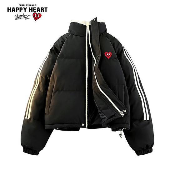 
Charles Heart Striped Stand Collar Short Cotton Jacket for Men and Women Winter Thickened Warm Contrast Color Cotton Coat Couple Jacket